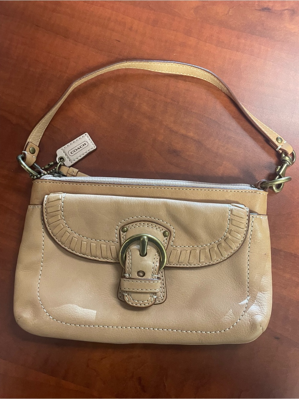 Coach Beige Leather Wristlet with Brass Buckle